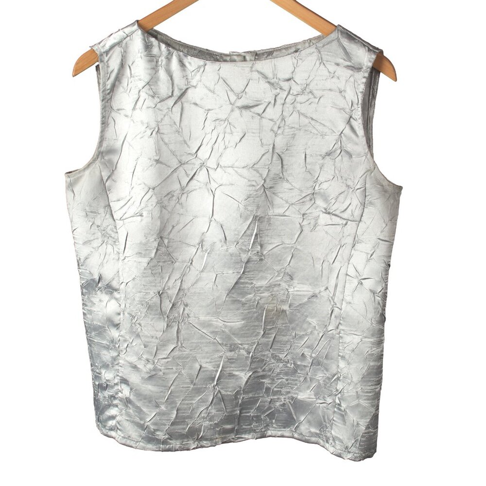 Silver Satin Blouse Sleeveless Crinkle Metallic S